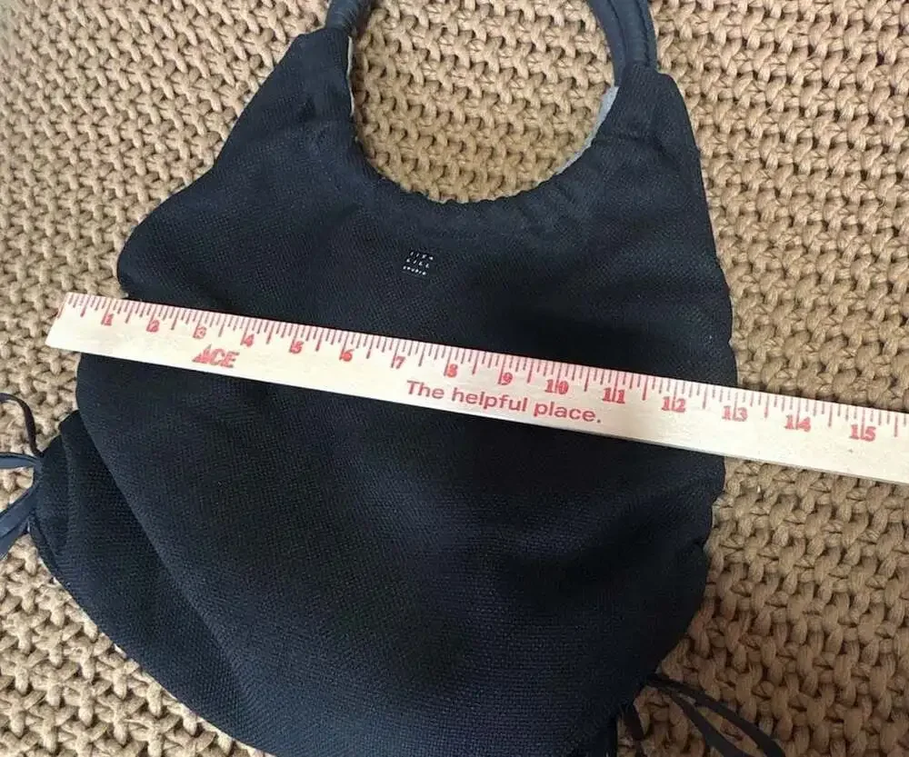 1154 LILL STUDIO Black Textured Hobo Handbag with Ring Handle and Drawstring Sid